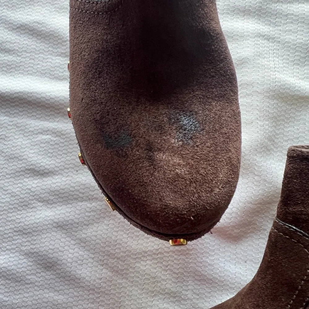 Tory Burch Brown Heeled Boots with Gold Accents‎